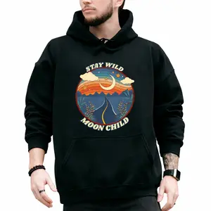 Retro Boho Hoodies for Women – Long Sleeve, Vintage 100% Cotton, Stay Wild Moon Child Print