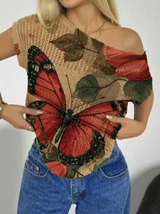 Spring Summer Women's Beach Vacation Style Asymmetrical Neck Off-Shoulder Batwing Sleeve Semi-Sheer Lace, Butterfly Print Knit Top Womenswear
