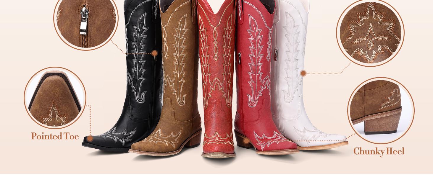【Rodeo】Wranglette Women's Red Embroidered Knee-High Cowboy Boots – Western Snip Toe, Gold Stitching, Distressed Faux Leather | Rodeo & Festival Ready | Wide-Foot Friendly, Cushioned Insole | Keywords: red cowboy boots women, knee-high western boots,