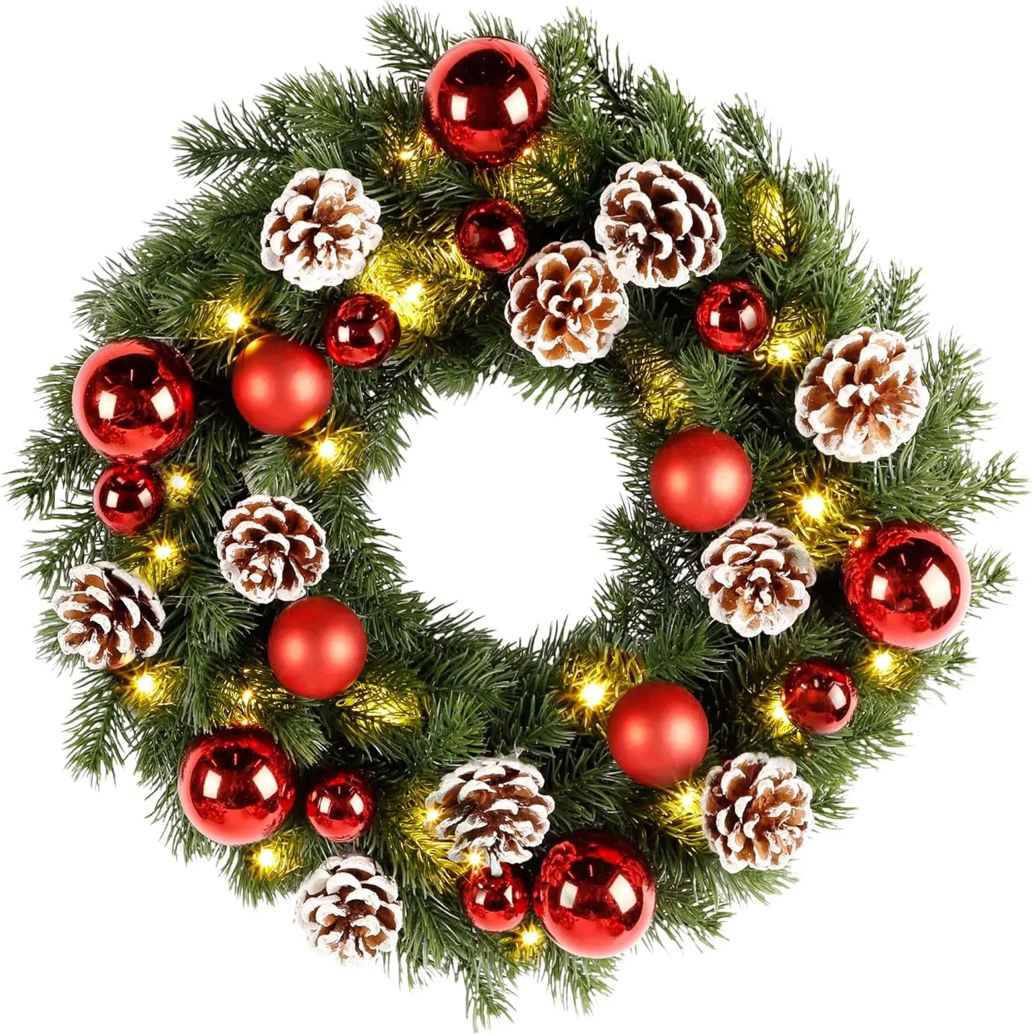 Christmas Front Door Wreath, 15.7" Pre-lit Wreath with Christmas Balls and Pine Cone, Battery Operated 40 LED Light Up Xmas Wreath Decorative Hanging Ornament