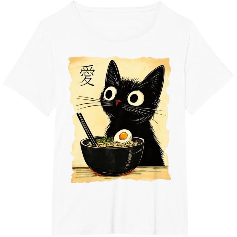 Funny Cat Ramen Graphic Tee Japanese Kawaii Anime Cat T-Shirt 180g Cotton-Blend Fabric Men Vintage Designer Oversized T-Shirt Short Sleeve Shirt Gifts for Him