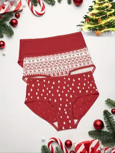 Women's Christmas Print Comfortable Breathable Pure Color Underwear Set, 3-Piece New Design Ladies Panties, Soft & Stylish