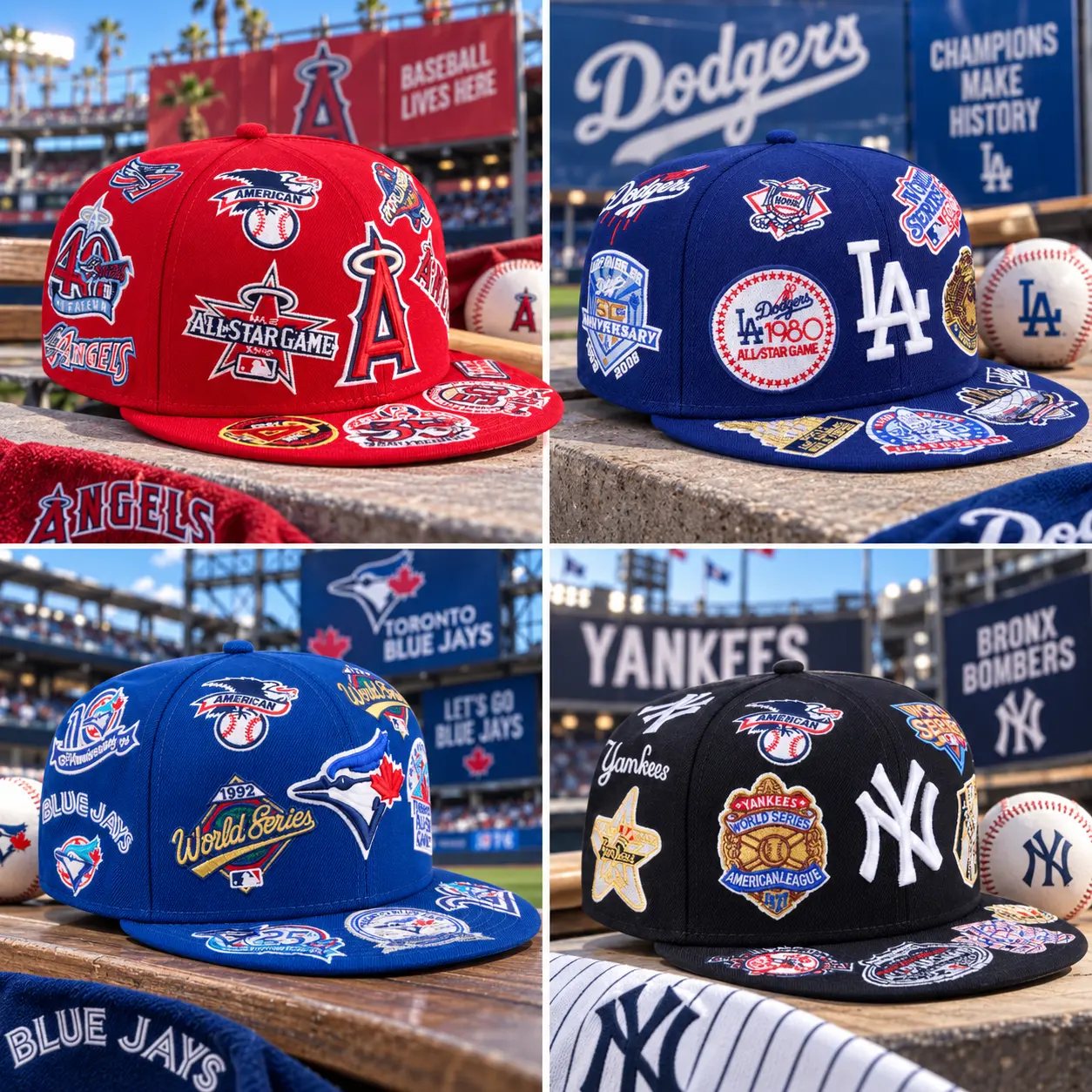 Men’s MLB All Over Patch Fitted Hats – Embroidered Flat Brim Baseball Caps, Multiple Team Styles