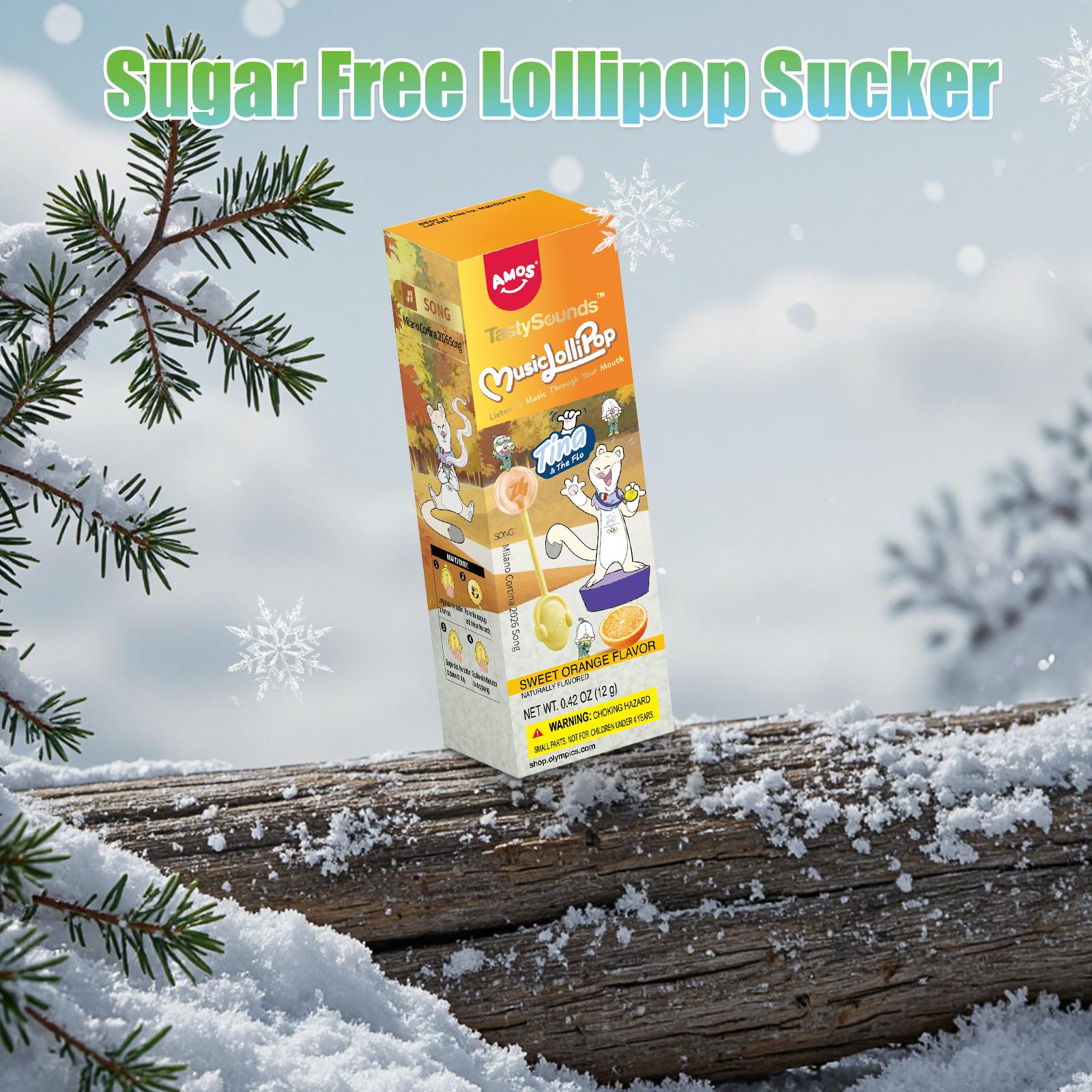 【Official Licensed Product】AMOS Winter Olympics Musical Singing Lollipop – No Sugar, Gluten-Free, Assorted Flavors (Vanilla, Orange, Peach, Grape), Individually Wrapped Sport-Inspired Novelty Musical Candy for Parties & Gifts Snack
