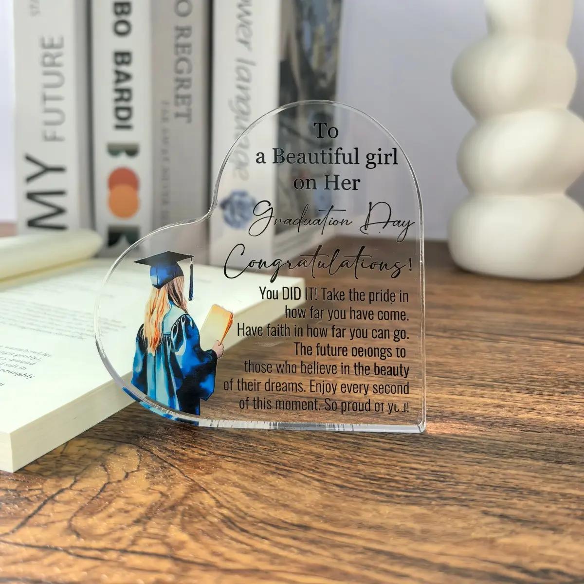 Acrylic Heart-Shaped Inspirational Graduation Gifts For Her Him High School College Masters Degree Phd Graduation Gifts For Students Keepsake For Daughter Son Sister gf wife letter pattern decorative ornament
