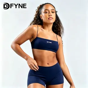 DFYNE Navy Blue Spaghetti Strap 2 Piece Workout Set - Seamless High Waist Butt Lifting Biker Shorts Athleisure Gym Outfit