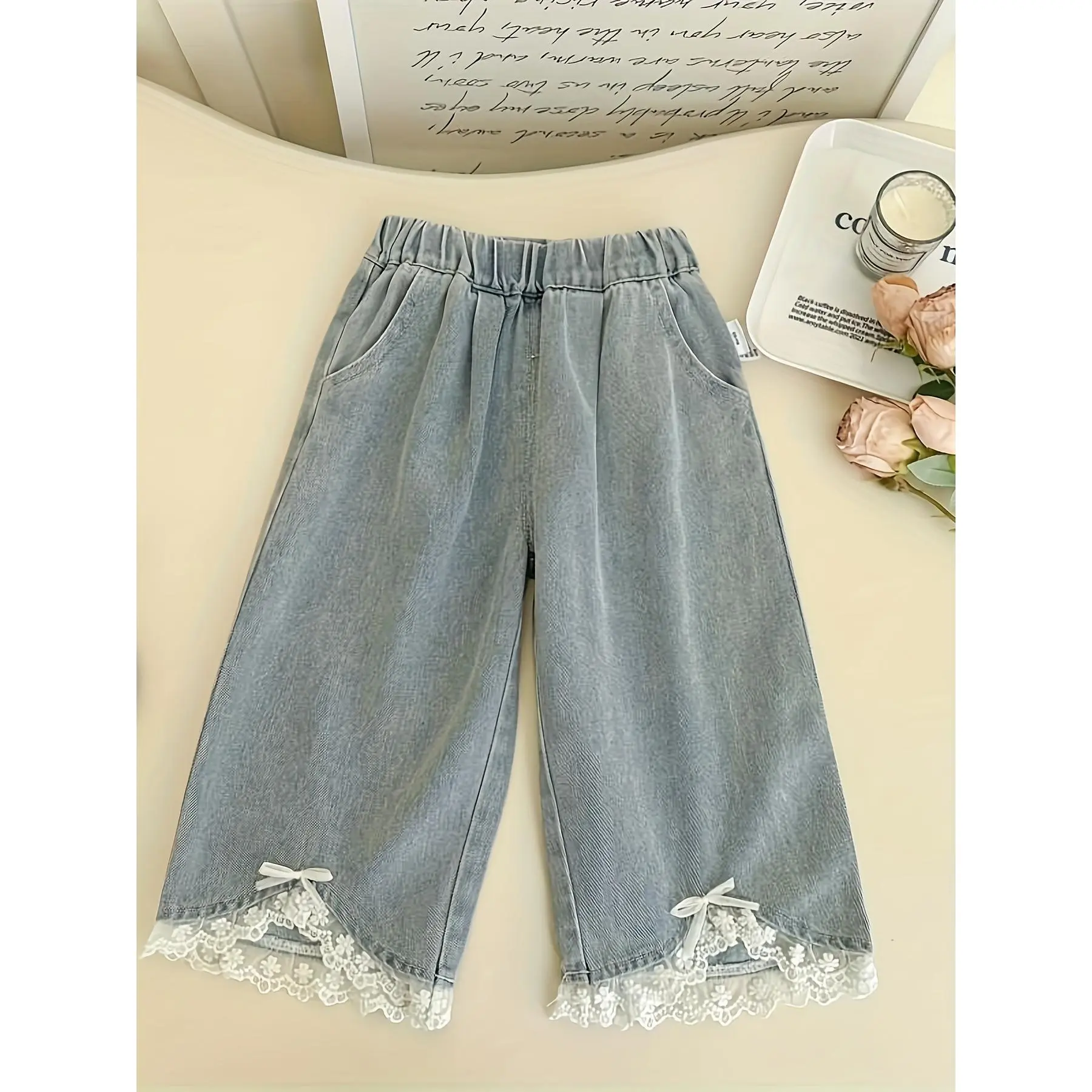 Children's Lace Trim Jeans 2025 Autumn New Korean Style Washed Soft Denim Fashionable Long Pants for Babies