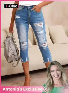 【Antonia's Exclusive】Women's Ripped Denim Capri Pants, Slim Fit Elastic Casual Jeans, Perfect for Daily Wear, Comfortable Summer Essential Womenswear