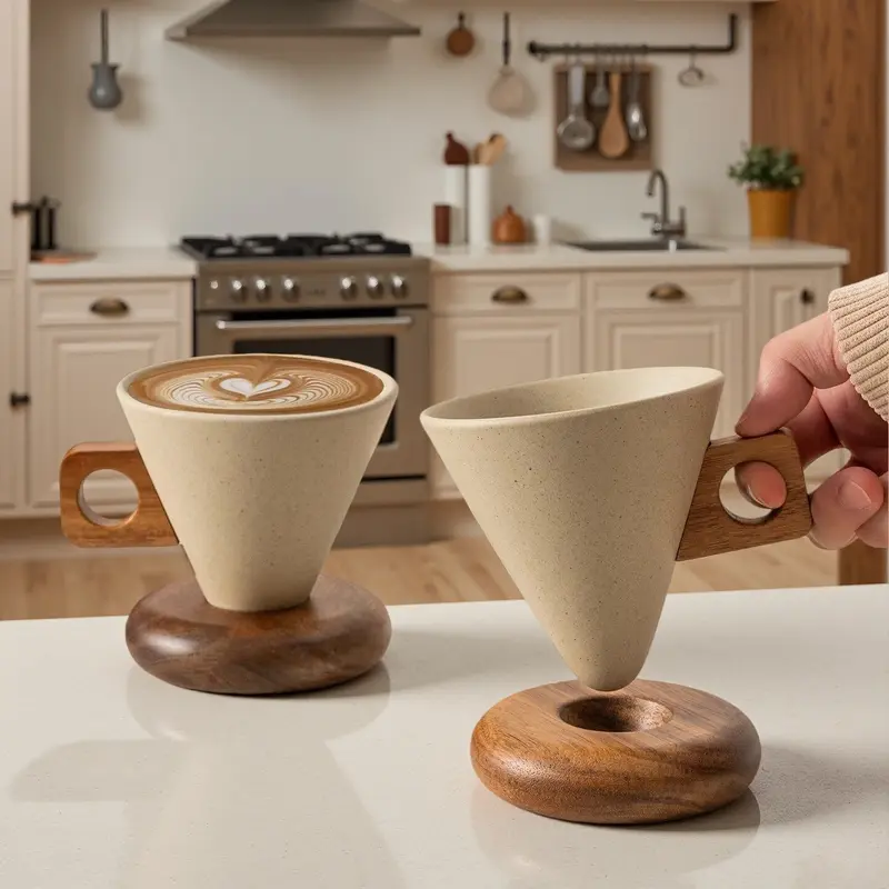 8.45 fl oz (250ml) Pottery Coffee Cup with Wooden Handle - Non-Toxic, Biodegradable, Eco-Friendly Cafe-Style Drinkware for Milk/Tea/Latte, Home Kitchen Use, Adult Gifts, Art Decor