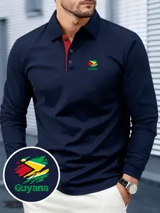 Men's Guyana Print Long-Sleeve Polo Shirt, Soft & Breathable Fabric, Comfortable for All Seasons, Fashionable & Versatile, Suitable for Business Gatherings, Outdoor Sports & Daily Wear, Men's Casual & Business Collared Shirt