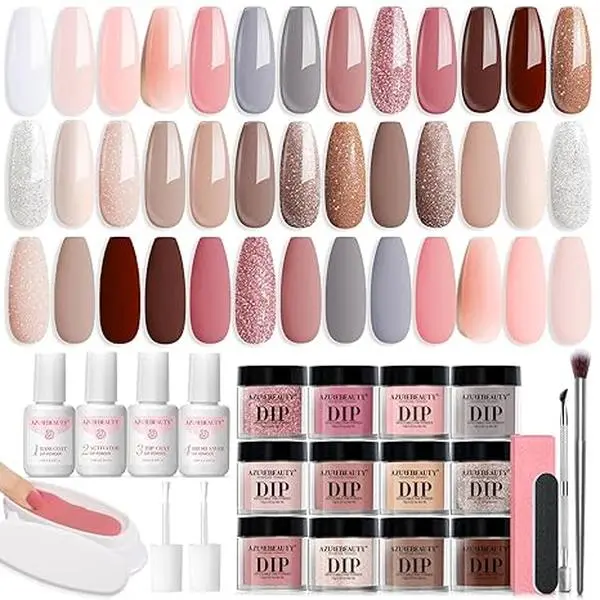 31 Pcs Chip-Free Dip Powder Nail Kit for Busy Babes - 20 Show-Stopping Nude,Brown,Pink,White,Gray Powders,4 Glitters,Liquid Set with Top/Base Coat,Activator,Nail Art Brushes,Glossy Finish for Salon French Manicure (12.05x9.37x1.54in)