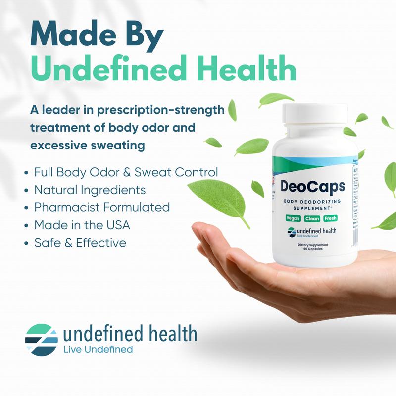 DeoCaps Oral Deodorant - Whole Body Deodorizing Supplement + Sweat Relief - 60 capsules - Pharmacist-Formulated with Chlorophyllin, Sage, Magnesium, and Zinc - Freshen Breath & Reduce Odor In Underarms, Intimate Areas & Feet