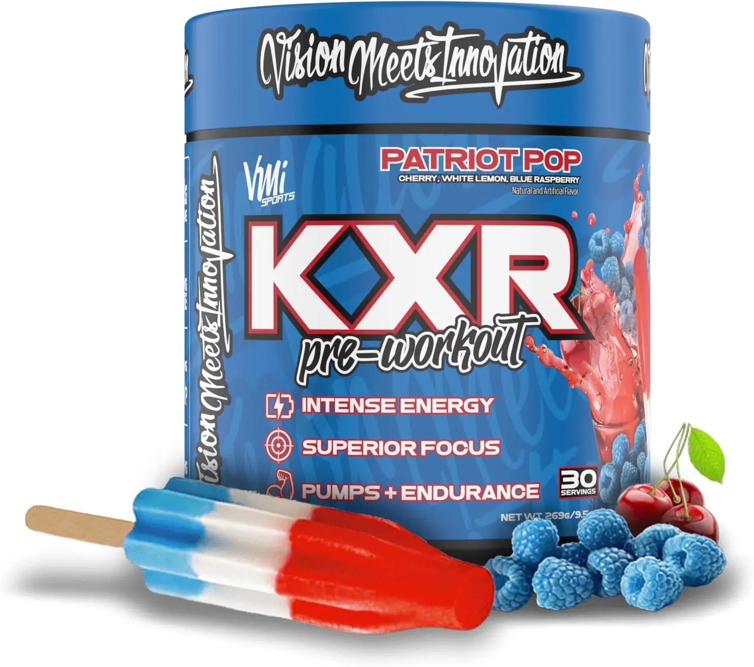 VMI Sports KXR Pre-Workout Patriot Pop Powder Mix, Dietary Energy Boost Fitness Supplement - 30 Servings, 269g, Prop 65 Safe