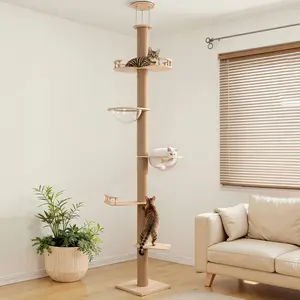 CAVEEN Floor to Ceiling Cat Tree, 5 Tier Floor to Ceiling Cats Tower, Climbing Tower with Thickened Scratching Posts, Cats Activity Center with Transparent Capsule, Suitable for Climb, Scratch, Lookout and Play