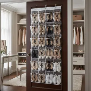 Over The Door Shoe Organizer with 24 Clear Pockets and Metal Hooks – Heavy Duty Fabric Storage Units Hanging Shoe Storage Rack for Bathroom, Dorm – Space Saving for Shoes, Accessories, Toys