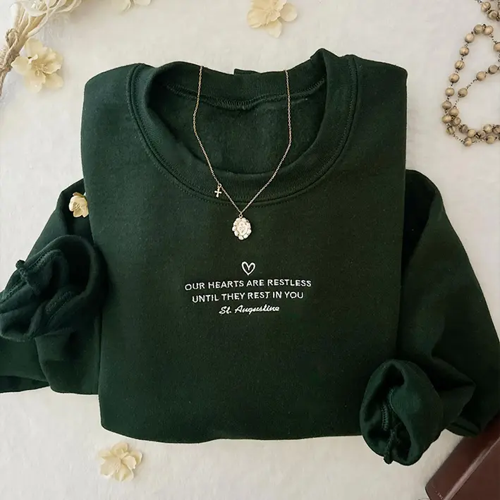 St. Augustine Embroidered Sweatshirt, Catholic Saint Crewneck, Our Hearts Are Restless Quote Sweater, Christian Faith Apparel, Catholic Gift for Women & Men