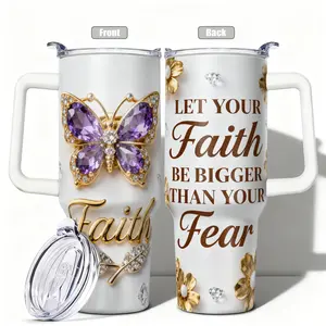 1pc, 40oz/30oz/20oz/14oz Stainless Steel Cup Faith Butterfly Floral Double Wall Vacuum Insulated Cup, Leakproof Lid & Carry Handle Travel Mug for Outdoor Camping Hiking, Gift for Dad, Mom, Brot
