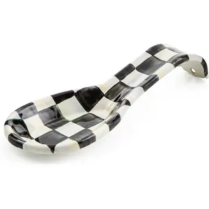Enamel Spoon Rest, Kitchen Spoon Holder and Utensil Rest for Stovetop, Black-and-White Courtly Check
