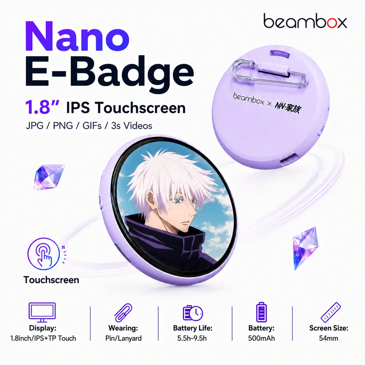 Beambox Digital Badge - Nano LED Display Pin, Custom DIY Video Badge with Anime Design & ABS Material, Personalized Gift for Creators