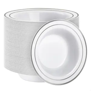 Goodluck 100 Pack Disposable Plastic Bowls with Silver Rim, 12oz Heavy Duty Soup & Dessert Bowls for Weddings, Parties, Dinners & Everyday Use – Perfect for Christmas & Birthdays