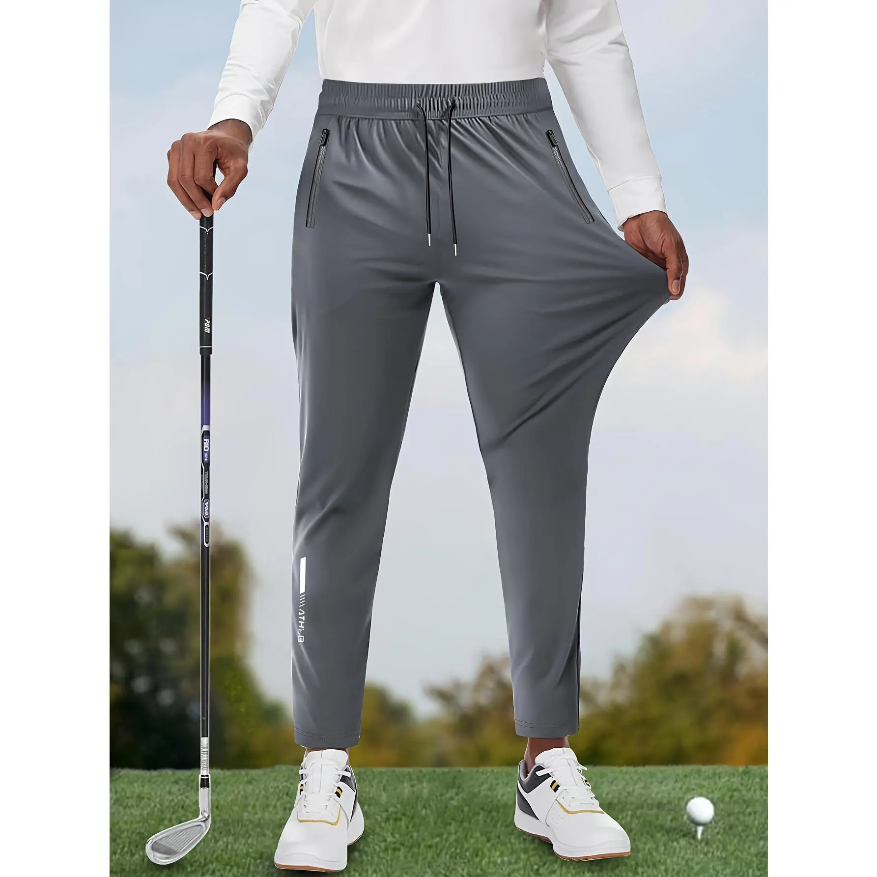 Male High-Elasticity Nylon Fabric Fitted Cut Solid Color Lightweight Golf Pants - Elastic Waist, Zippered Pockets, Breathable Ankle Length - Summer Universal Sport Wear for Golfing, Casual Jogging