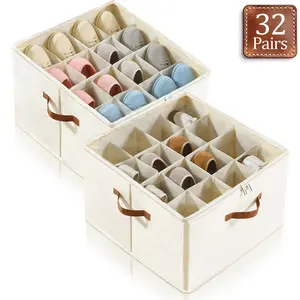 TAYTUU Shoe Organizer for Closet,Fits up to 32 Pairs,Adjustable Dividers for Shoe Storage,Fabric Shoe Storage Bins with Clear Cover, Box Compartment Racks Shelf Beige