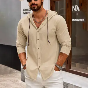 Men's Hooded Linen Blend Shirt Short Sleeve Button Down Lightweight Casual Beach Vacation Shirt