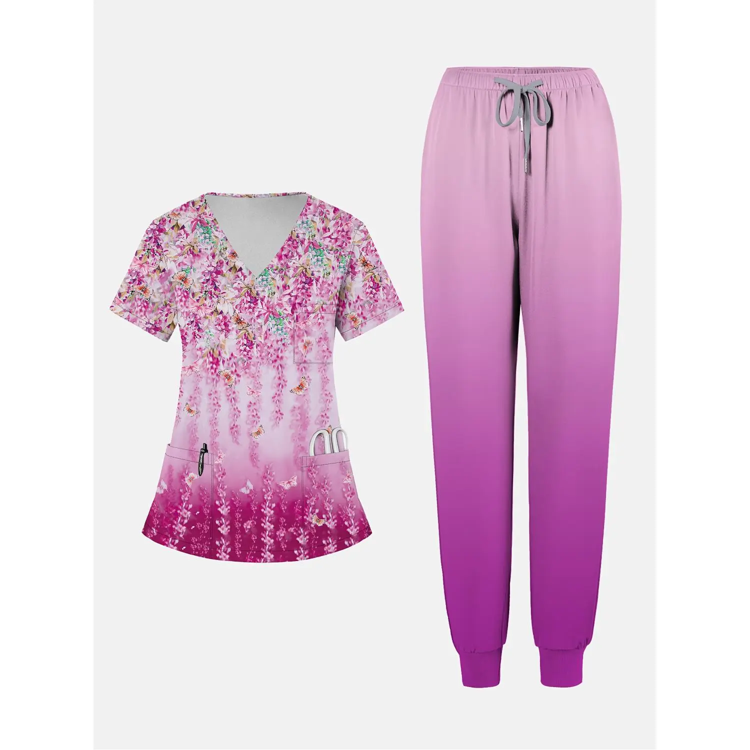 Women's 2-Piece Outfit with Printed V-Neck, Breathable Fabric & Pockets, Hand Washable, Includes Work & Leg Binding Pants