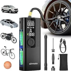 Airmoto Tire Inflator Portable Air Compressor with Digital Pressure Gauge LED Light Auto Shut Off Cordless Pump for Car Motorcycle Bicycle Ball