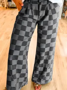 Dark Grey Checkered Denim Wide Leg Jeans