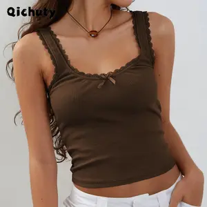 Women's Crop Tank Tops Slim Fit Scoop Neck Backless Lace Trim 3D Bow Ribbed Cami Tank Tops for Party Club Night
