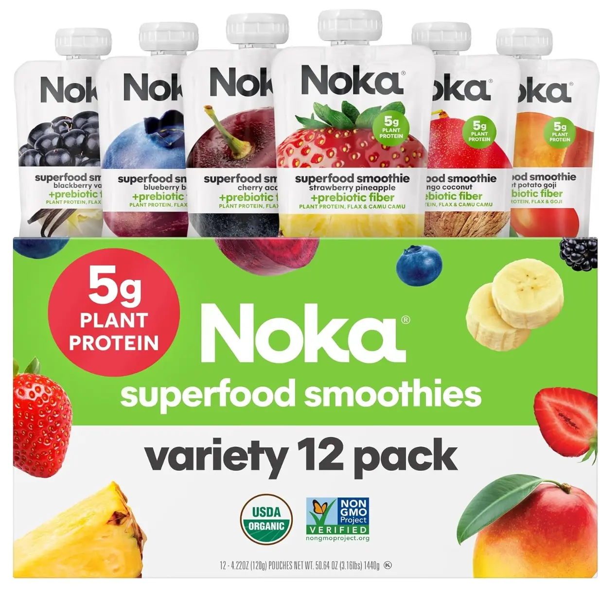 Noka Organic Superfood Smoothie Pouches Variety Pack (12pk) - Plant Protein, Flax Seed, Prebiotic Fiber, No Added Sugar, Vegan, Gluten-Free, Shelf-Stable Healthy Snacks, Prop 65 Safe