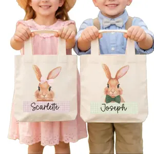 Custom Surname Personalized Easter Bunny Bag, Custom Kids Easter Tote, Vintage Canvas Easter Egg Hunt Basket, Easter Gift for Kid Lightweight