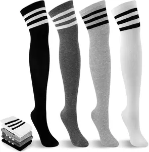 4 Pack Thigh High Socks, Striped Over the Knee Socks for Women, Soft Stretchy High Socks Warmer for Cosplay, Daily Wear, and Boots