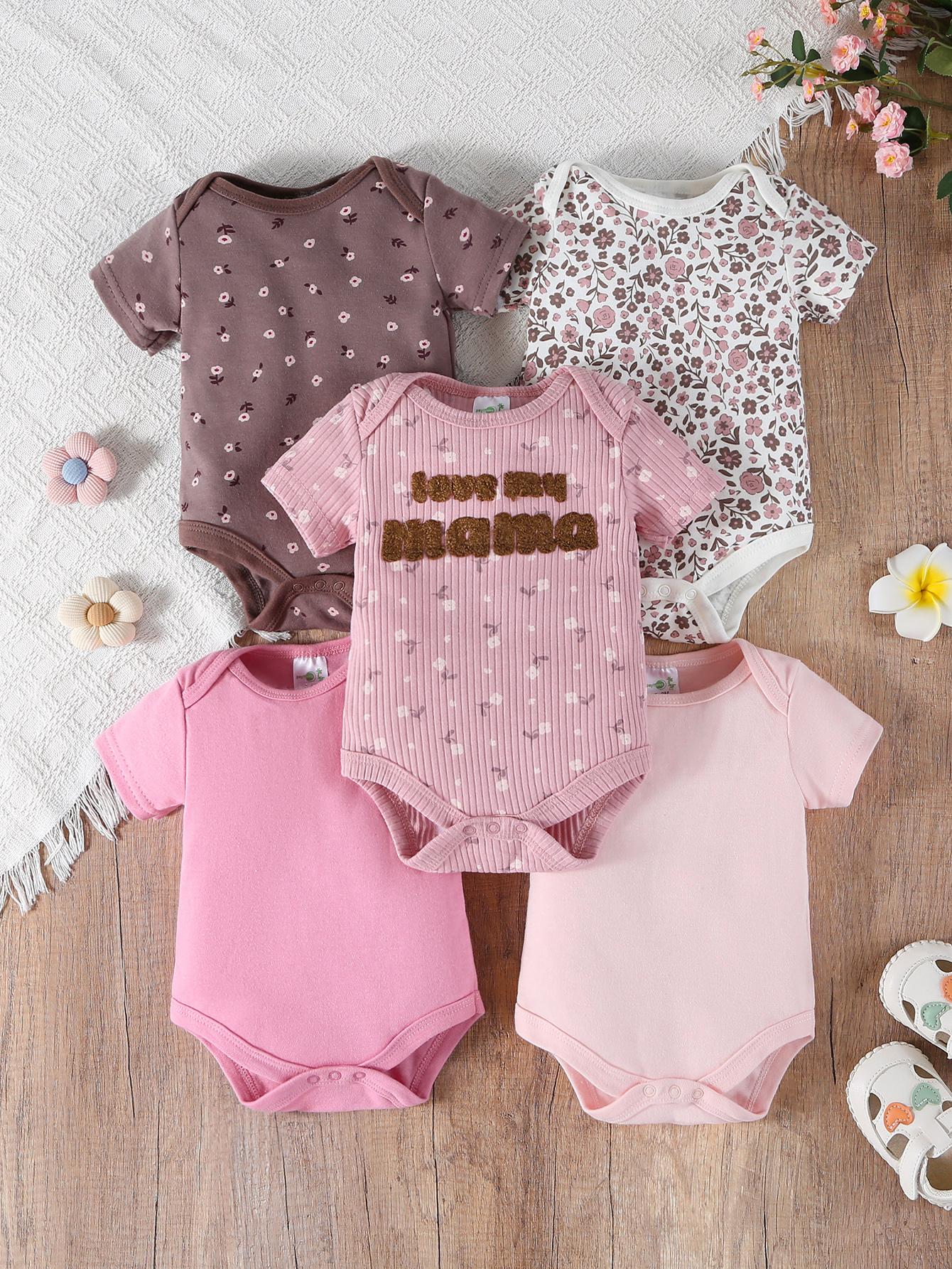 5-piece set of baby girl jumpsuits, baby cotton short sleeved dresses, and essential clothing items suitable for elegant floral styles of baby girls