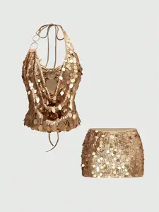 Women’s Sequin 2-Piece Skirt Set – Halter Deep V Top & Low Waist Mini Skirt, Y2K Party Outfit