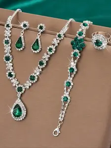 Elegant Emerald Jewelry Gift Set, Exquisite Trendy Necklace & Earrings & Bracelet & Ring, Fashionable Jewelry Set for Party Decoration, Matching Jewelry Set