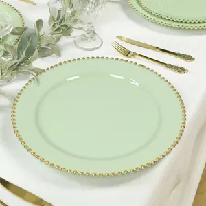 10-Pack Economy Round Plastic Charger Plates 13" in Sage Green with Gold Beaded Rim, Stylish Dinner Party Serving Plates