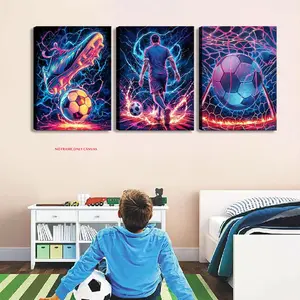 3-Piece Set, Cool Soccer Canvas Wall Art Abstract Soccer Sneakers Poster Printed Artwork Unframed Art Print Neon Boy Soccer-Themed Bedroom Wall Decor Kids' Playroom Decor Frameless