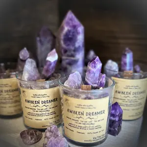 Amethyst Scented Crystal Candles - Meditation - Intention - Reiki Charged  - Awaken Dreamer Decor Wick Gift Glass - Vanilla - Coconut - Mango