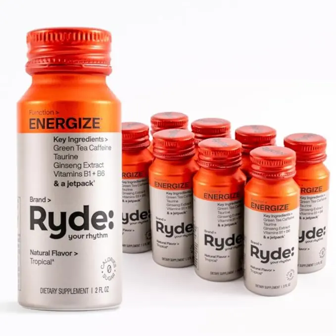 Ryde Energize Energy Shots – Tropical | Green Tea Caffeine, Taurine, Ginseng & B Vitamins | Natural Clean Energy | Vegan, Zero Calories & Sugar-Free | 8-Pack of 2 FL OZ Functional Shots