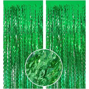 Green Tinsel Foil Fringe Curtains Wavy Backdrop for Party Sparkle Metallic Wavy Streamers Photo Booth Props for Birthday Dinosaur Animal St Patrick's Day Football Christmas Party Decorations