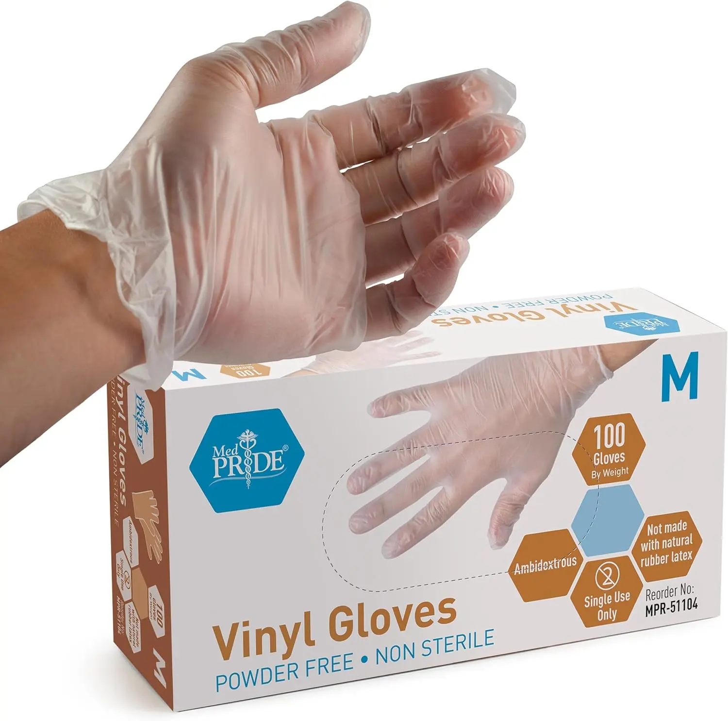 MedPride General Purpose Powder-Free Vinyl Gloves, Medium, Box/100