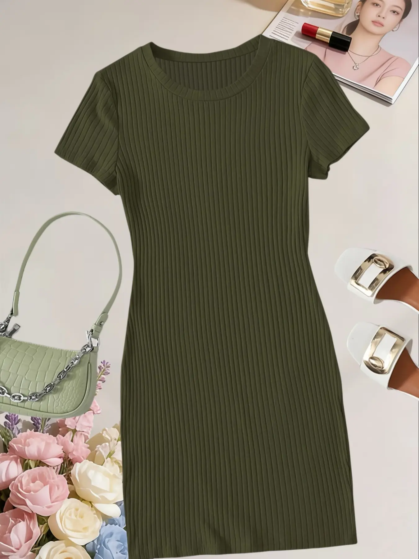 Korean Style Simple Round Neck Short Sleeve Jumpsuit, Slim Fit All over Print, Casual Daily Wear, Versatile Bodycon Dress