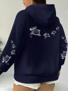 A Women's Turtle Print Regular-Fit Navy Blue Hooded Sweatshirt, Knit, A Casual, Fashionable, Minimalist, Classic, Versatile Basic Long-Sleeved Top for Autumn and Winter, Suitable for Daily Womenswear