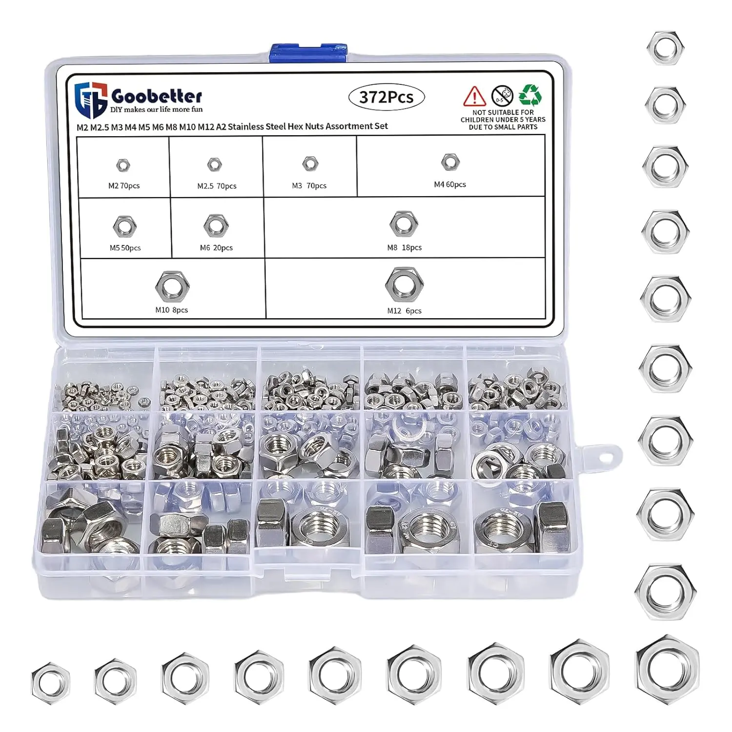 372-Pcs Genuine Metal Hardware 304 Stainless Steel Metric Hex Nuts Assortment Kit - M2-M12 Fasteners with Polished Finish for Bolts, Furniture Assembly, Small Repair Shops