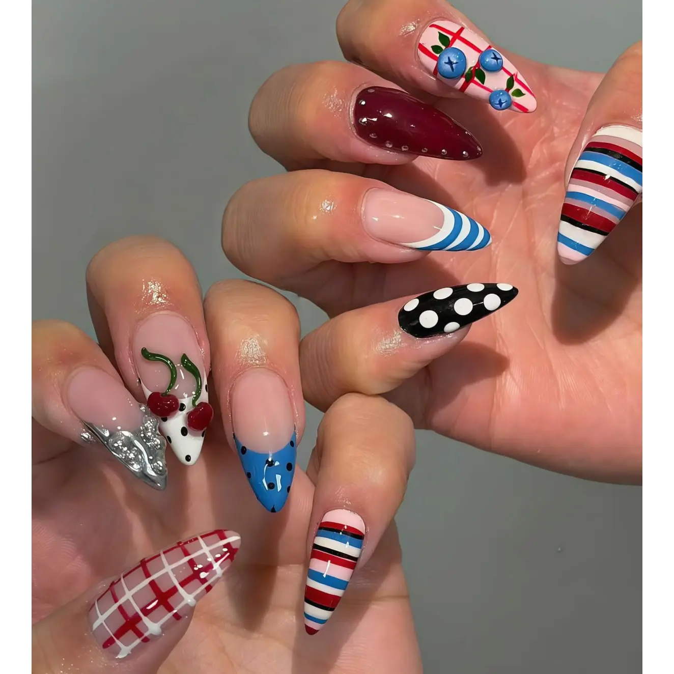 A40 Retro Cherry Mix Press-On Nails, 3D Cherry Detail with Polka Dot French Tips, Stripe and Plaid Design, Y2K Playful Style, Everyday Nails, Gift for Her