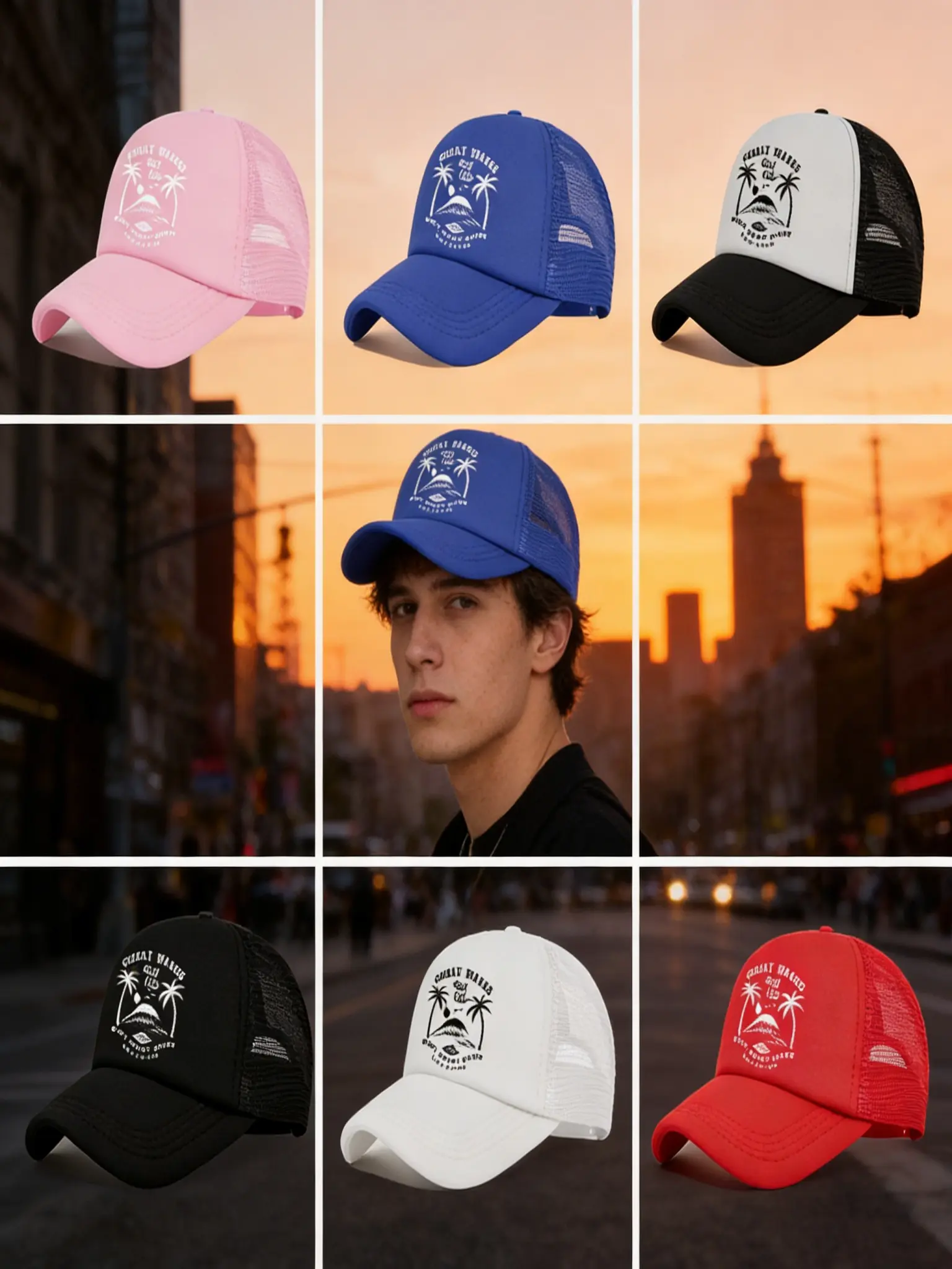 Breathable Mesh Surfing Hat, Coconut Tree Wave Logo Design, Perfect for Summer Beachwear & Casual, Stylish Lightweight Accessory