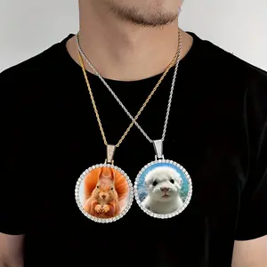 Large Round Photo Zircon Pendant Circle Chain Round Necklace 98mm*68mm Round Photo Frame, Hip Hop Jewelry, Suitable for Daily and Party Occasions, Holiday Gifts for Men and Women