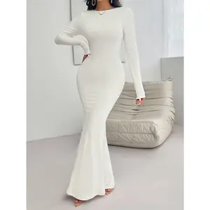 Backless Round Neck Long Sleeve Maxi Dress